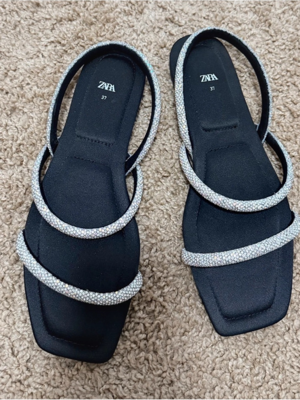 Zara Black Sandals with Silver Crystal Straps Sz 37